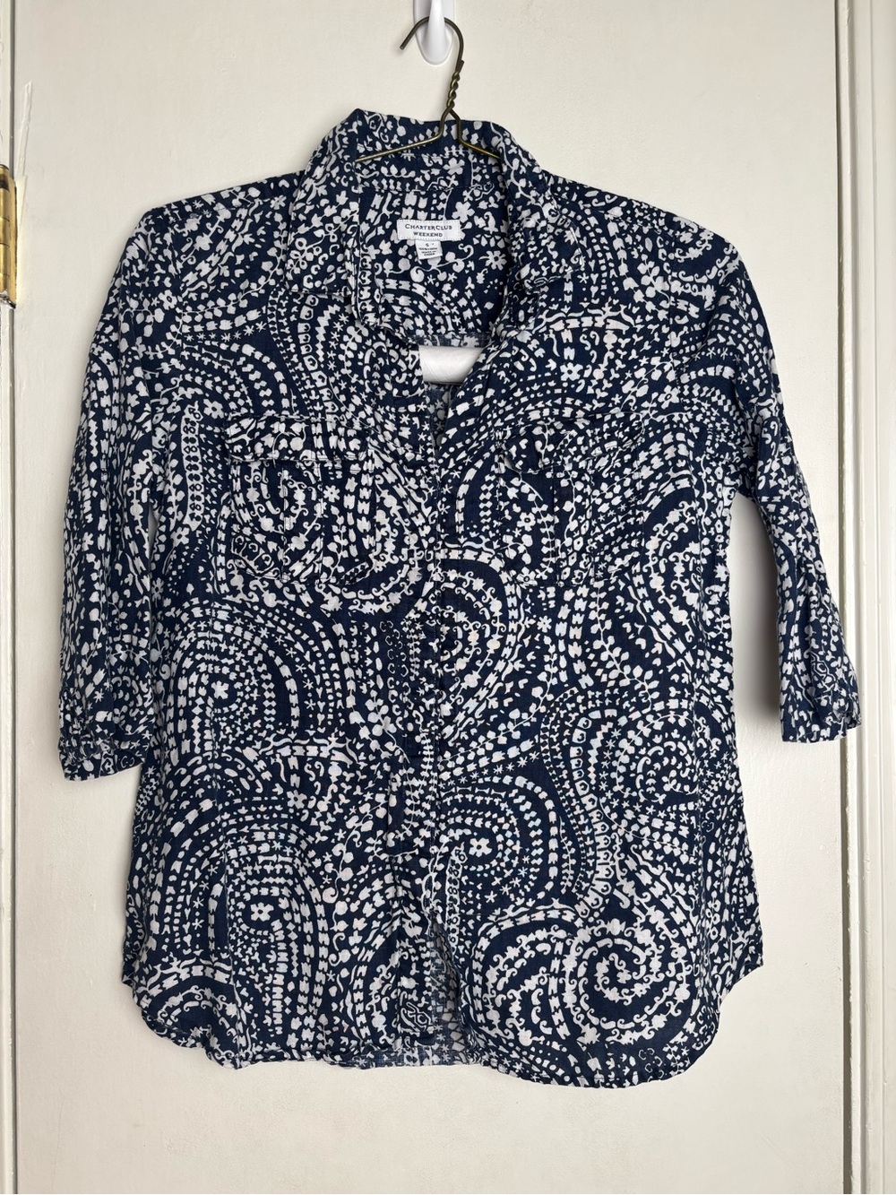 Charter Club Women's 100% Linen Top Navy Blue White Print 3/4 Sleeve Blouse Smal